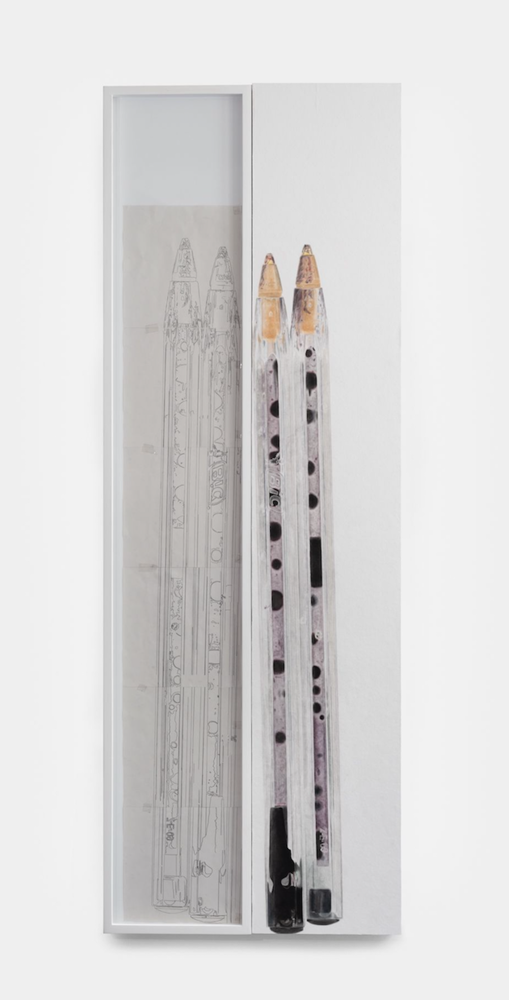 <i>Plastic Skeleton & Inside Rearranged Region</i>, 2024. graphite on paper & pigment, graphite, charcoal on paper laminated on wood panel, 78 3/4 x 27 1/2 x 2 in (200 x 70 x 5 cm)